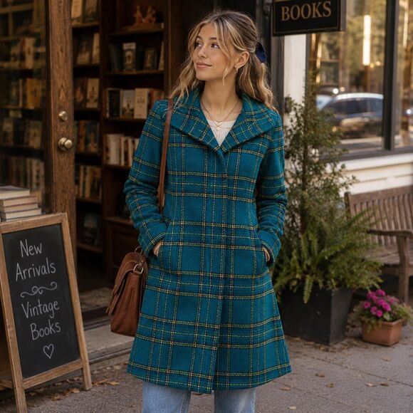 26116 Jackets & Blazers - Vintage Y2K Green Plaid Pea Coat Jacket Size 6 M Button Front Preppy Cottagecore